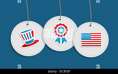 USA icons hang tags hat ribbon flag illustration set. Vector file layered for easy manipulation and custom coloring. Stock Photo