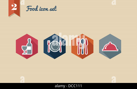 Restaurant food flat icon set, online menu reservation order web app. Vector file layered for easy editing. Stock Photo