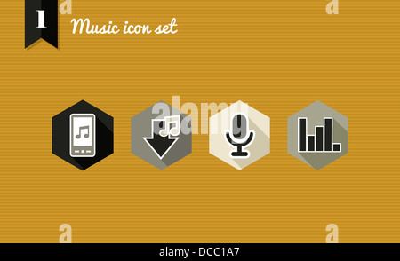 Music flat icon set, smart phone app to download songs. Vector file layered for easy editing. Stock Photo