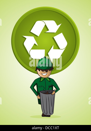 Green service garbage collector cartoon recycle icon. Vector file layered for easy personalization. Stock Photo