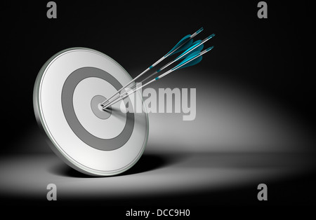 Three arrow hit the center of a grey design target, 3d render with black background and light effect. Concept image suitable for Stock Photo