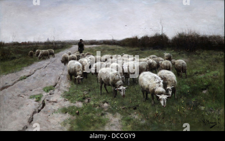 Shepherd and Sheep by Anton Mauve (1838-1888).Dutch realist painter.cousin-in-law of Vincent van Gogh.Flock of sheep with shepherd. Stock Photo