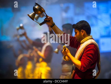 Evening Ganga Aarti Ritual On The Ghats, Varanasi, India Stock Photo