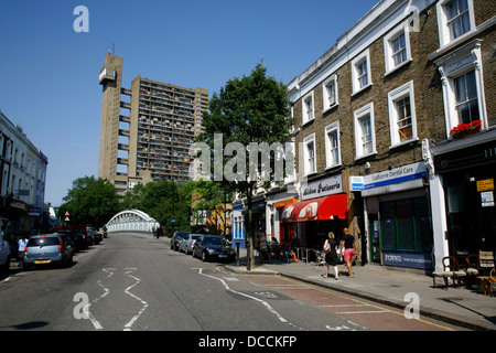 View down Golborne Road to Trellick Tower, North Kensington, London, UK Stock Photo