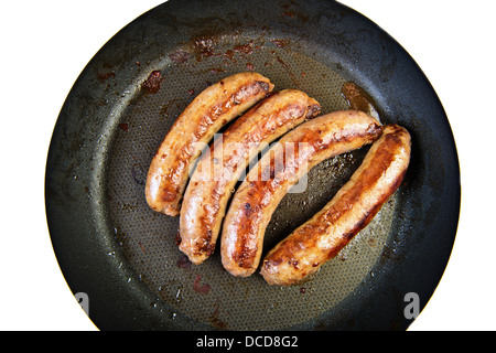 Grilled sausages at frying pan Stock Photo