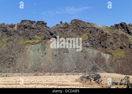 An example of stratified geology on the Laugahraun Lava Field Created During Two Separate Eruptions Landmannalaugar Iceland Stock Photo