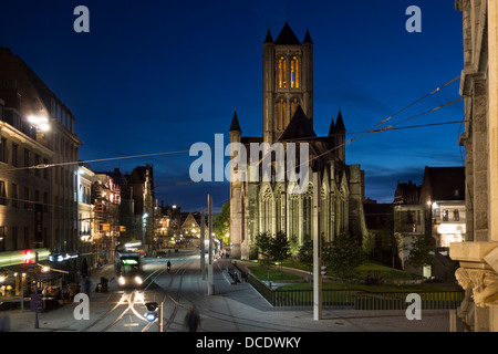 The Saint Nicholas' church / Sint-Niklaaskerk at night in the historic center of Ghent, East Flanders, Belgium Stock Photo