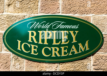 Sign for World Famous Ripley Ice Cream outside thec Ripley Store, Ripley, North Yorkshire, England, UK Stock Photo