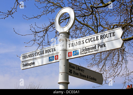 Thames Cycle Route sign post at Ham, South London, England UK