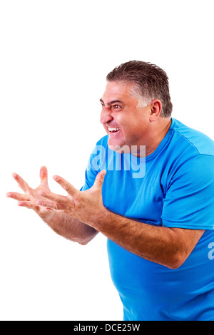 Angry man screaming at something/someone, isolated on white background Stock Photo
