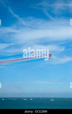 Eastbourne, Sussex, England. 15th Aug, 2013. The RAF Red Arrows aerobatic team performing at high speed Credit:  Malcolm Park/Alamy Live News Stock Photo