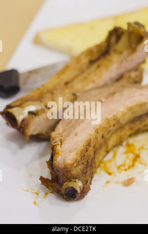 close up Pork Spare Ribs Barbecue on white plate Stock Photo
