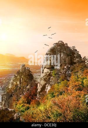 Birds over the Valley of Ghosts in Crimea Stock Photo