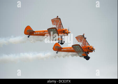 Eastbourne, Sussex, England. 15th Aug, 2013. The Breitling Wingwalkers performing on the opening day of the airshow Credit:  Malcolm Park/Alamy Live News Stock Photo
