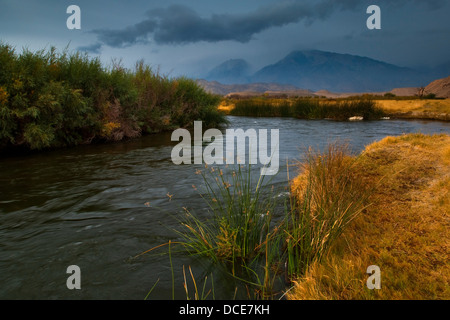 Storm clouds over Mt. Tom and the Owens River, Eastern Sierra, California Stock Photo