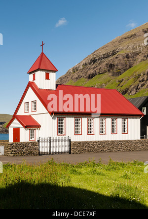 Small village church in Tjornuvik in the Faroe Islands Stock Photo