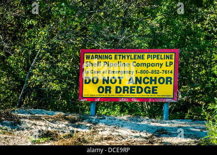 USA, Louisiana, Atchafalaya Basin, with C. C. Lockwood, Atchafalaya River bank signage for ethylene gas pipeline. Stock Photo