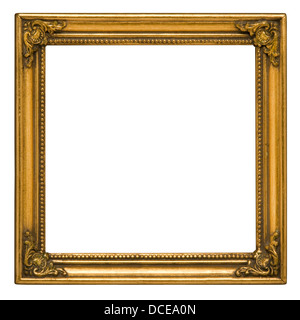 Antique square picture frame painted gold against white background Stock Photo