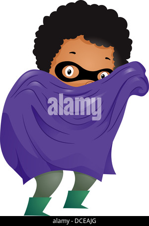 Illustration of Little Kid Boy Dressed in a Superhero Costume with Cape and Mask Stock Photo