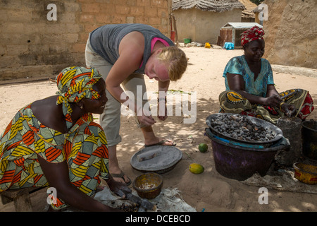 Peace Corps Volunteer Working with Village Woman Removing Hulls from Cashew Nuts.  Near Sokone, Senegal. Serer Ethnic Group. Stock Photo