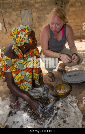 Peace Corps Volunteer Working with Village Woman Removing Hulls from Cashew Nuts.  Serer Ethnic Group. Stock Photo