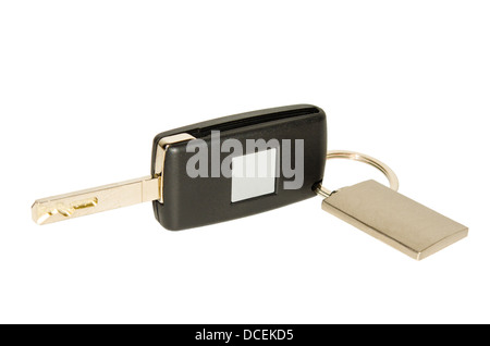 Isolated on white folding automobile key with blank plate nameplate and keychain Stock Photo