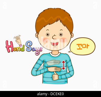 an illustration of a child doing sign language Stock Photo