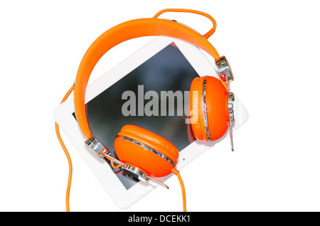 White tablet PC and orange headphones isolated on white Stock Photo