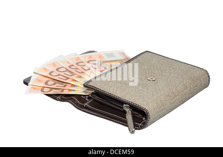 Women's fabric purse wallet with fan of cash fifty euro banknotes isolated on white Stock Photo