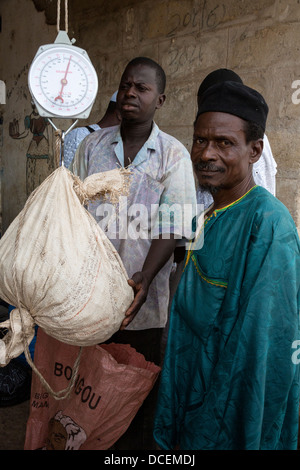 Cashew Nut Buyer Weighing Nuts, Fass Njaga Choi, The Gambia. Stock Photo