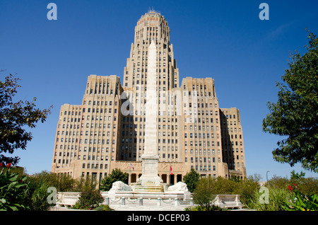 New York, Buffalo. Historic art deco City Hall with the McKinley Monument fountain and obelisk. Stock Photo