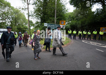 Balcombe, UK, 16th August, 2013. Vivienne Westwood pays a visit to the Balcombe fracking site where hundreds of protesters have converge for a weekend of mass demonstrations. Credit:  Lee Thomas/Alamy Live News Stock Photo