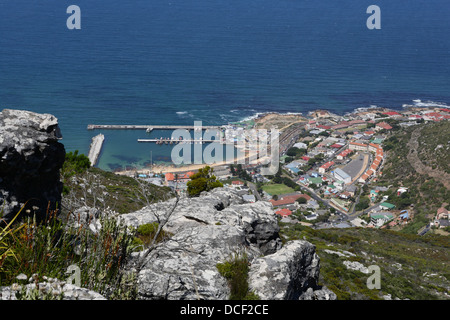 Aerial view of Kalk Bay harbour from the surrounding mountains, Cape Peninsula, South Africa Stock Photo