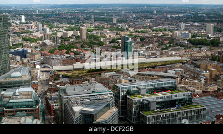 Cityscape skyline aerial view Shoreditch High Street Overground Station Hoxton Spitalfields Market Bethnal Green roof garden London UK  KATHY DEWITT Stock Photo