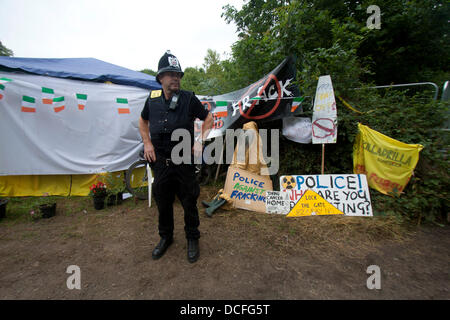 16th August 2013.  Balcome  West Sussex, UK Hundreds of anti fracking protesters gather on the village of Balcome as energy company Cuadrilla plans to scale down drilling operations on police advice Stock Photo