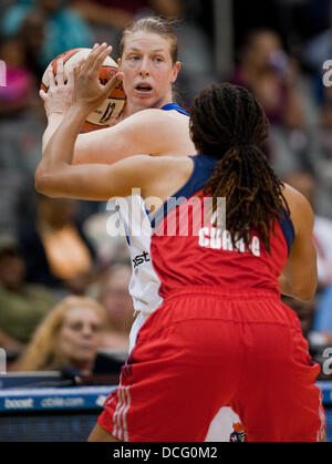 Newark, New Jersey, USA. 16th Aug, 2013. Liberty's guard Katie Smith (30) gets pressure from Mystics' forward Monique Currie (25) in the first half during WNBA action at the Prudential Center in Newark, New Jersey between the New York Liberty and the Washington Mystics. Mystics defeated the Liberty 66-57. Credit:  csm/Alamy Live News Stock Photo