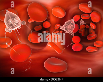 Medical nanobots in the bloodstream with red blood cells. Stock Photo