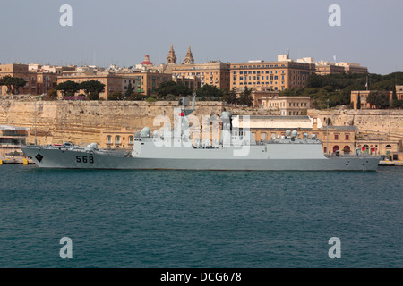 Two Chinese Navy frigates, the Hengyang (visible) and the Huangshan (obscured), moored side by side in Malta's Grand Harbour Stock Photo