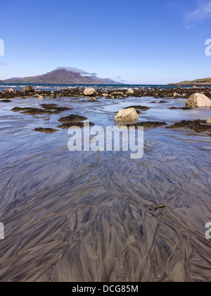 Patterned sands on Camas a Mhor-bheoil beach with mountains of Trotternish ridge beyond, The Braes, Isle of Skye, Scotland, UK. Stock Photo