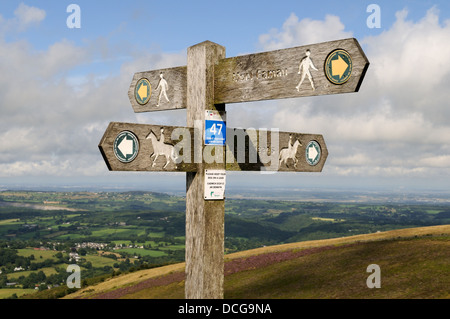 Old wood sign post on Moel Famau Clwydian Range Offas Dyke Path  North Wales Cymru UK GB Stock Photo