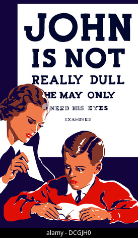 Vintage WPA propaganda poster featuring a teacher and young boy reading. Stock Photo