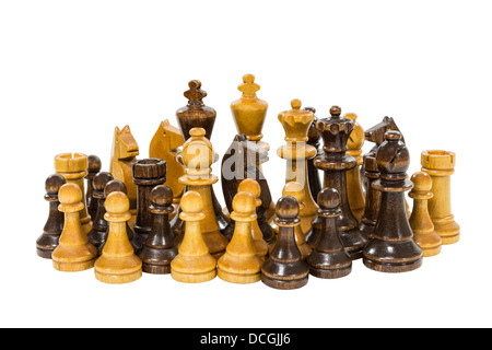 Vintage wooden chess pieces isolated on white. Stock Photo