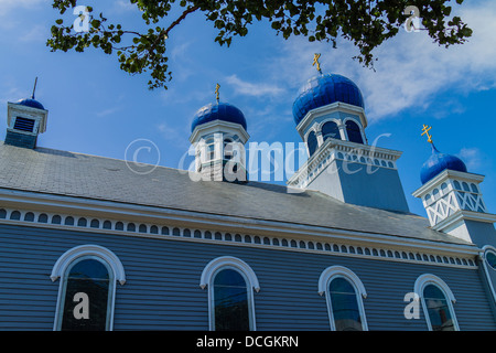 The blue onion domes and gold crosses on three onion domes of the Saint Nicholas Orthodox Church, Salem, MA. Stock Photo