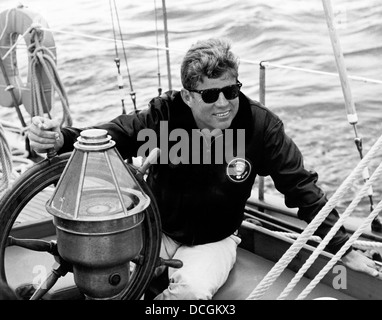 Vintage photo of President John F. Kennedy sailing aboard the U. S. Coast Guard yacht Manitou, 1962. Stock Photo