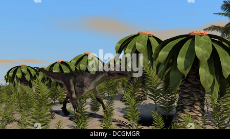 Utahraptor roaming a prehistoric environment. Stock Photo