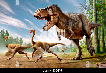 Tyrannosaurus Rex attacking two Struthiomimus dinosaurs. Stock Photo