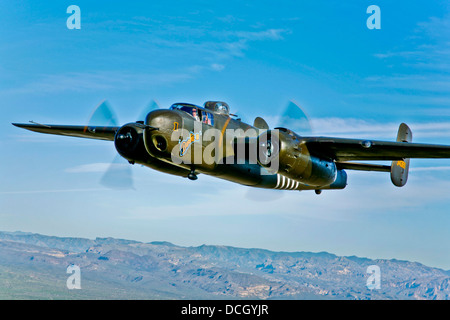North American B-25G Mitchell bomber in flight near Mesa, Arizona. Stock Photo