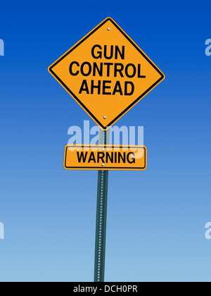 gun control ahead warning roadsign over blue sky Stock Photo