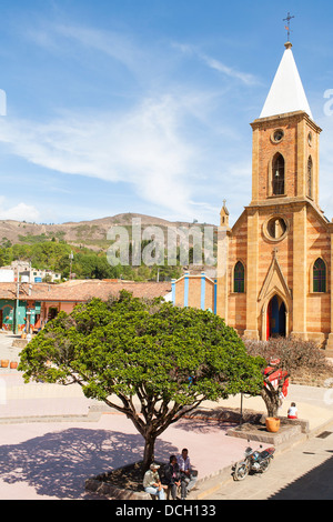The main church in the central Plaza of Raquira, in the Boyaca department of Colombia, famous for pottery and ceramics Stock Photo
