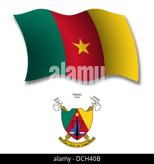 cameroon shadowed textured wavy flag and coat of arms against white background, vector art illustration Stock Photo